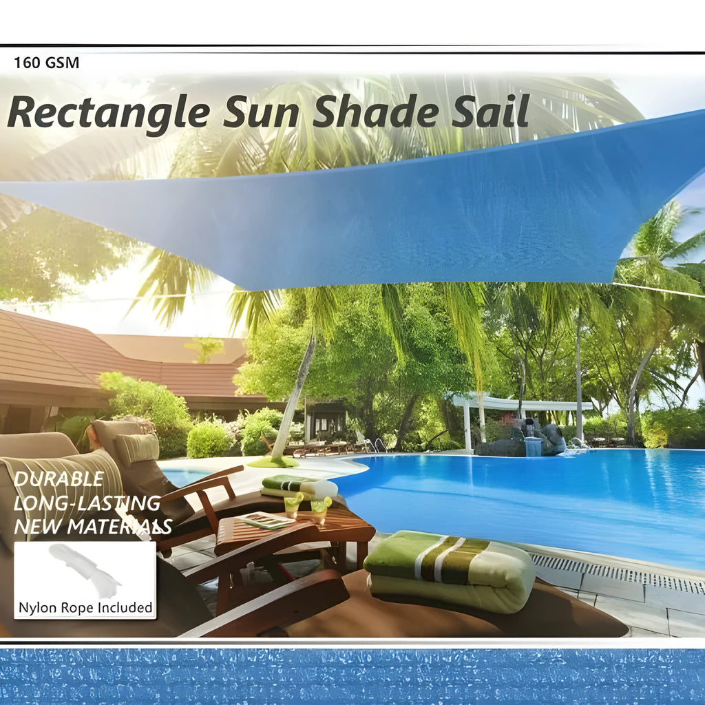 Blue curved square shade sail measuring 3x4 metres providing garden sun protection