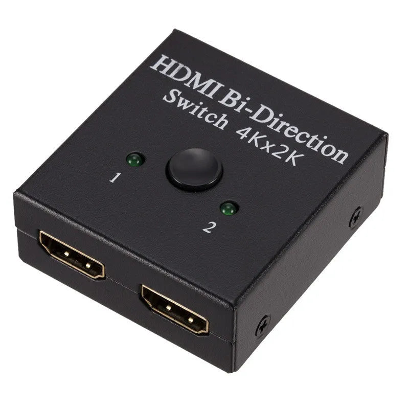 Black HDMI switcher with two input ports and one output port for 4K 2K video switching