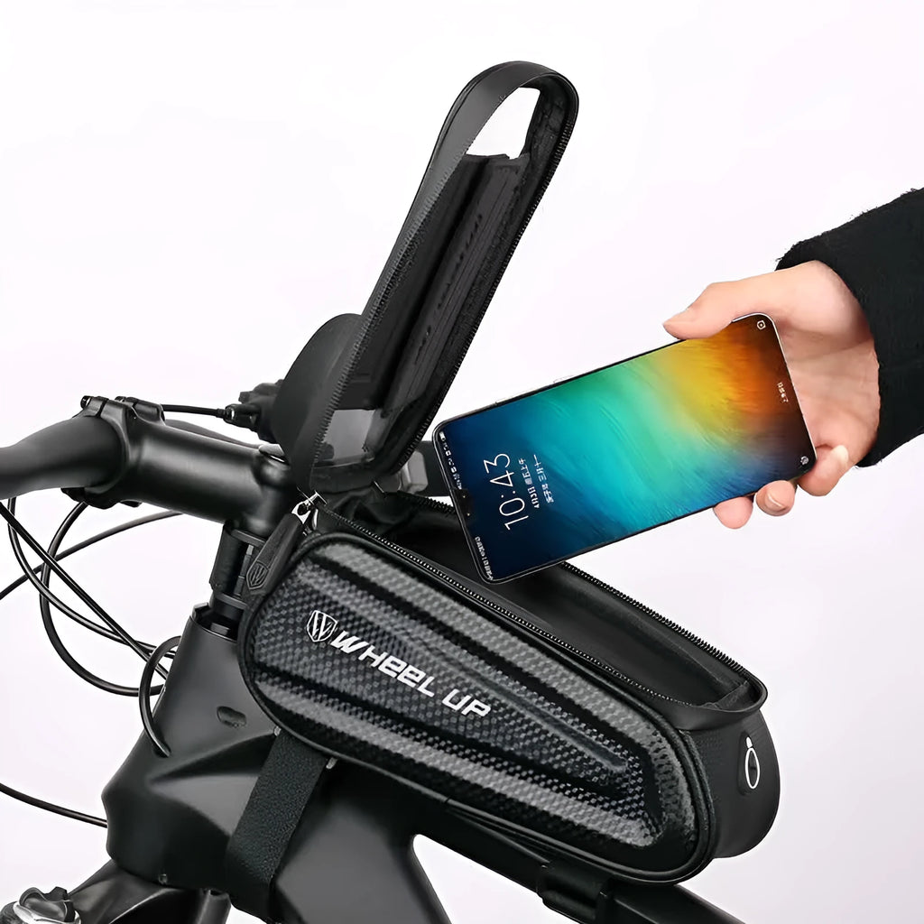 Black and grey EVA bicycle phone bag with reflective strip mounted on a bike frame tube