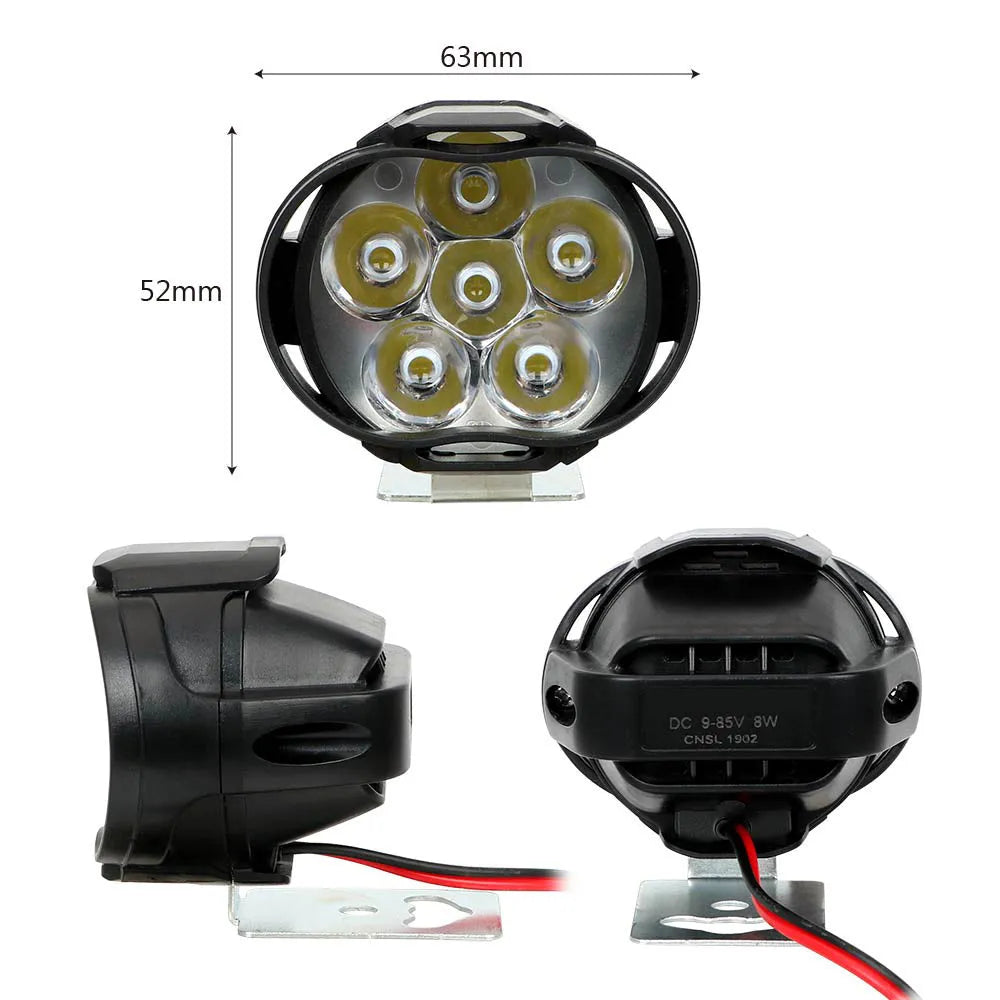 Black plastic 12V LED spotlight for electric vehicles with six lamp beads and white light output