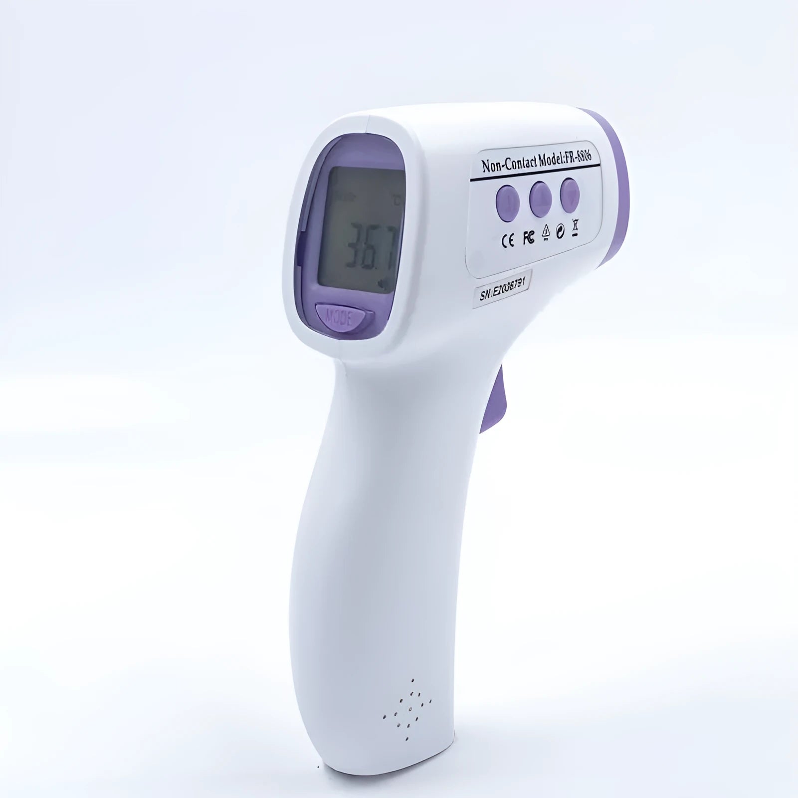 White digital non-contact thermometer for one-touch temperature measurement.