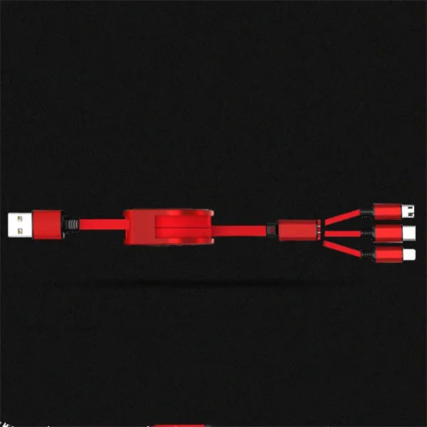 Black 3-in-1 telescopic charging cable with titanium alloy connectors extended to 120cm