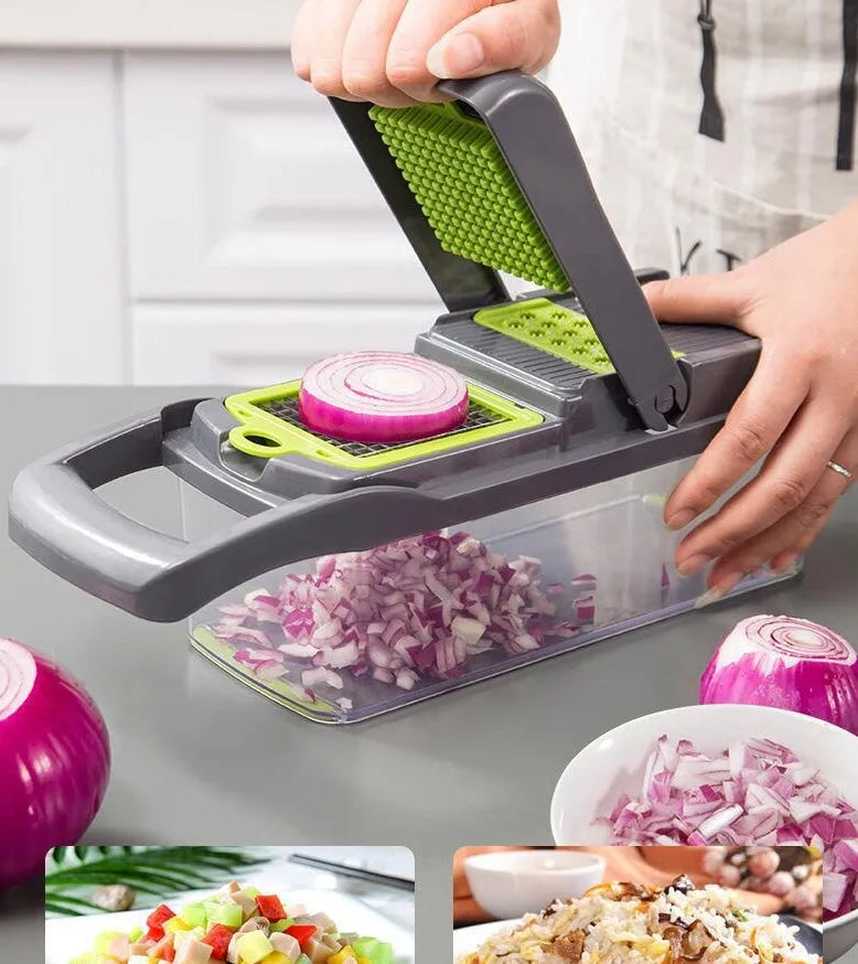 Multifunctional vegetable cutter with 7 stainless steel blades on a kitchen countertop