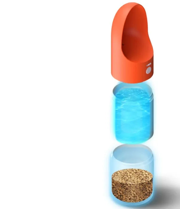 Moestar rocket-shaped pet drinking cup in white with grey accents showing water outlet and lock button