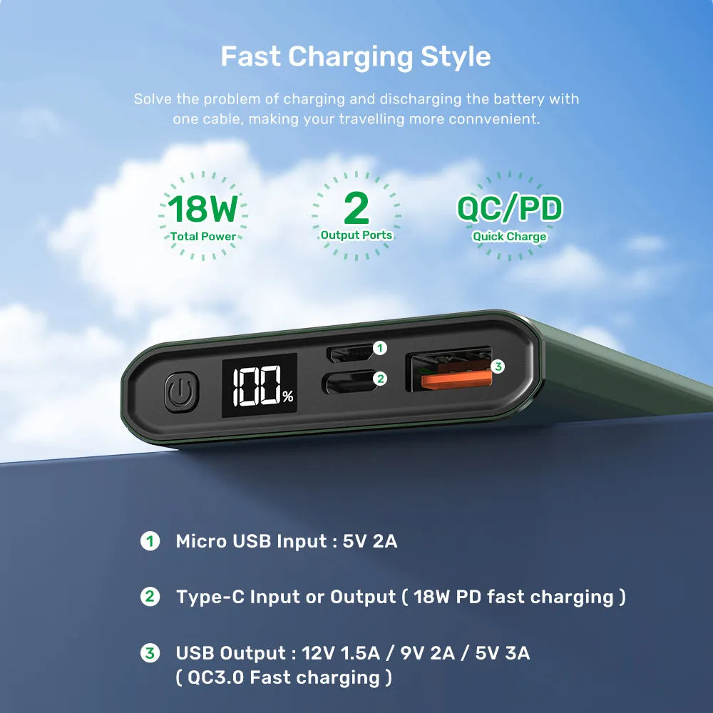 Silver 10,000mAh full metal shell fast charging power bank with digital display