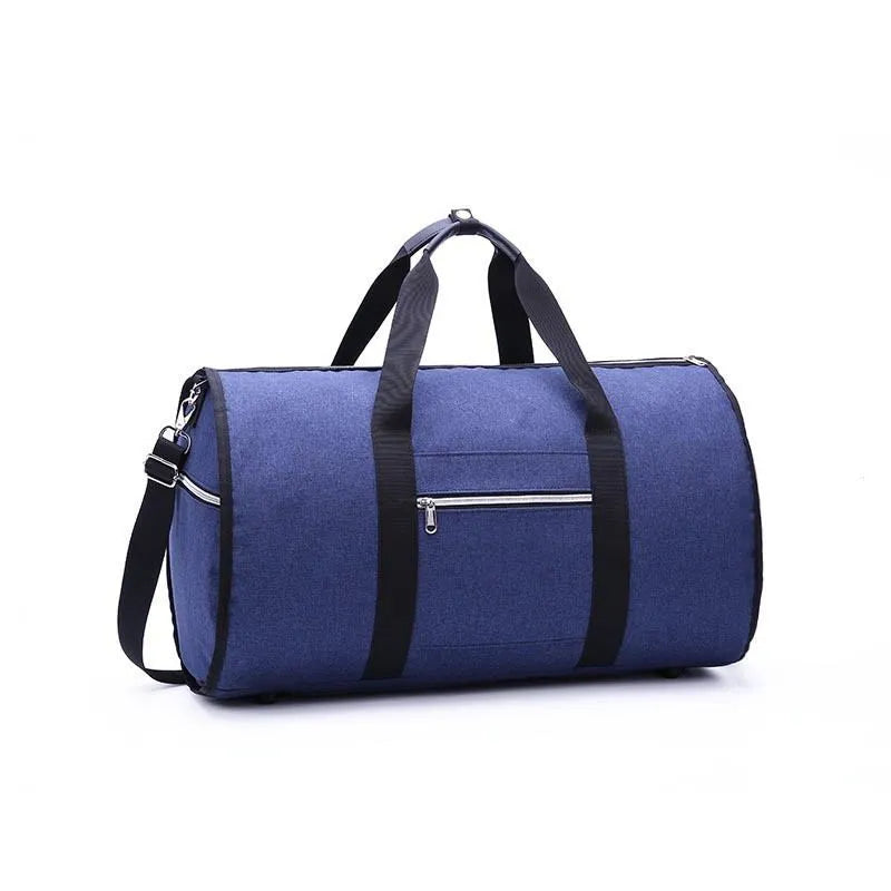 Cylinder-shaped travel duffle bag in Oxford cloth, shown in a choice of colours including black, blue, red, and light grey.