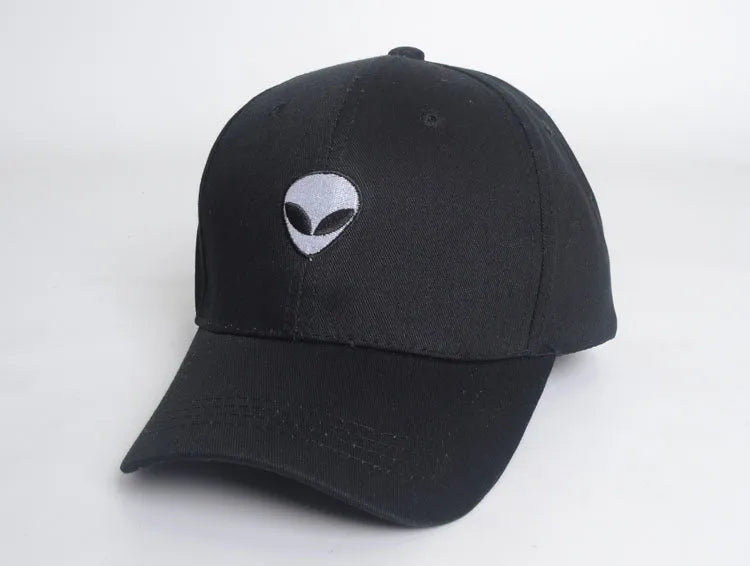 Alien head embroidered baseball cap in black with green label, unisex cotton satin weave