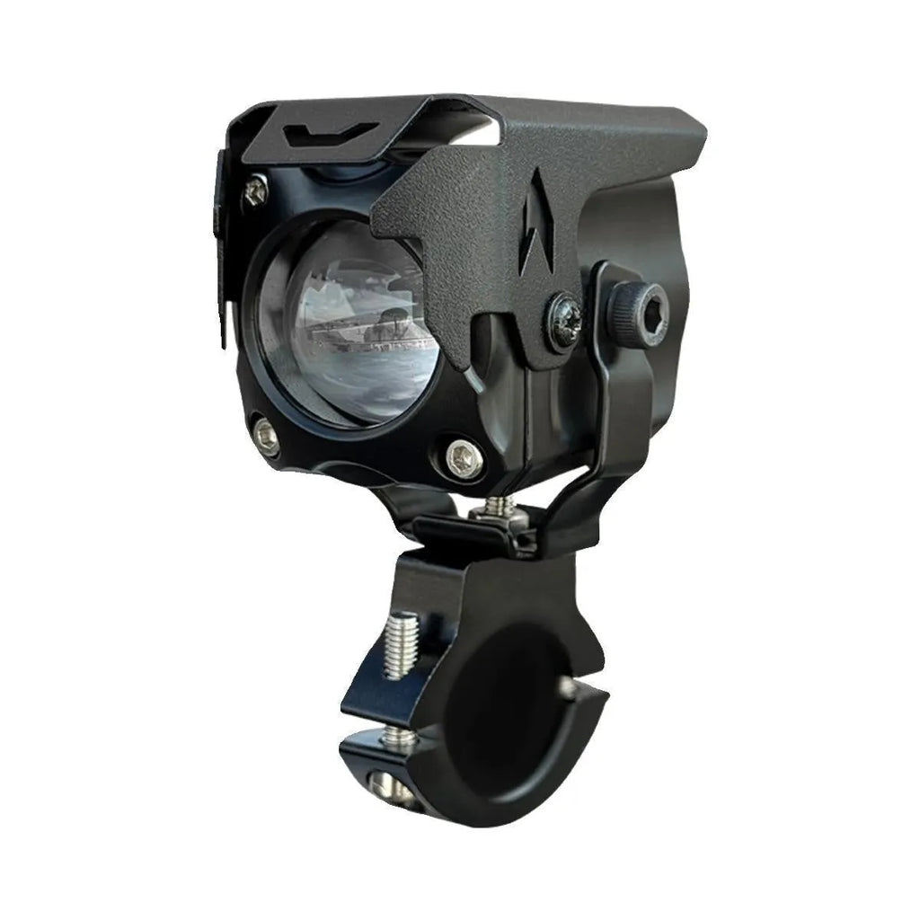 Motorcycle LED spotlight pair with wiring and mounting brackets for vehicle modification