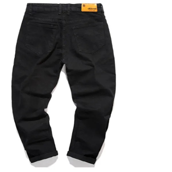 Black slim-fit stretch men's cotton pants, tight cut, sizes 27 to 36 with full cm size chart