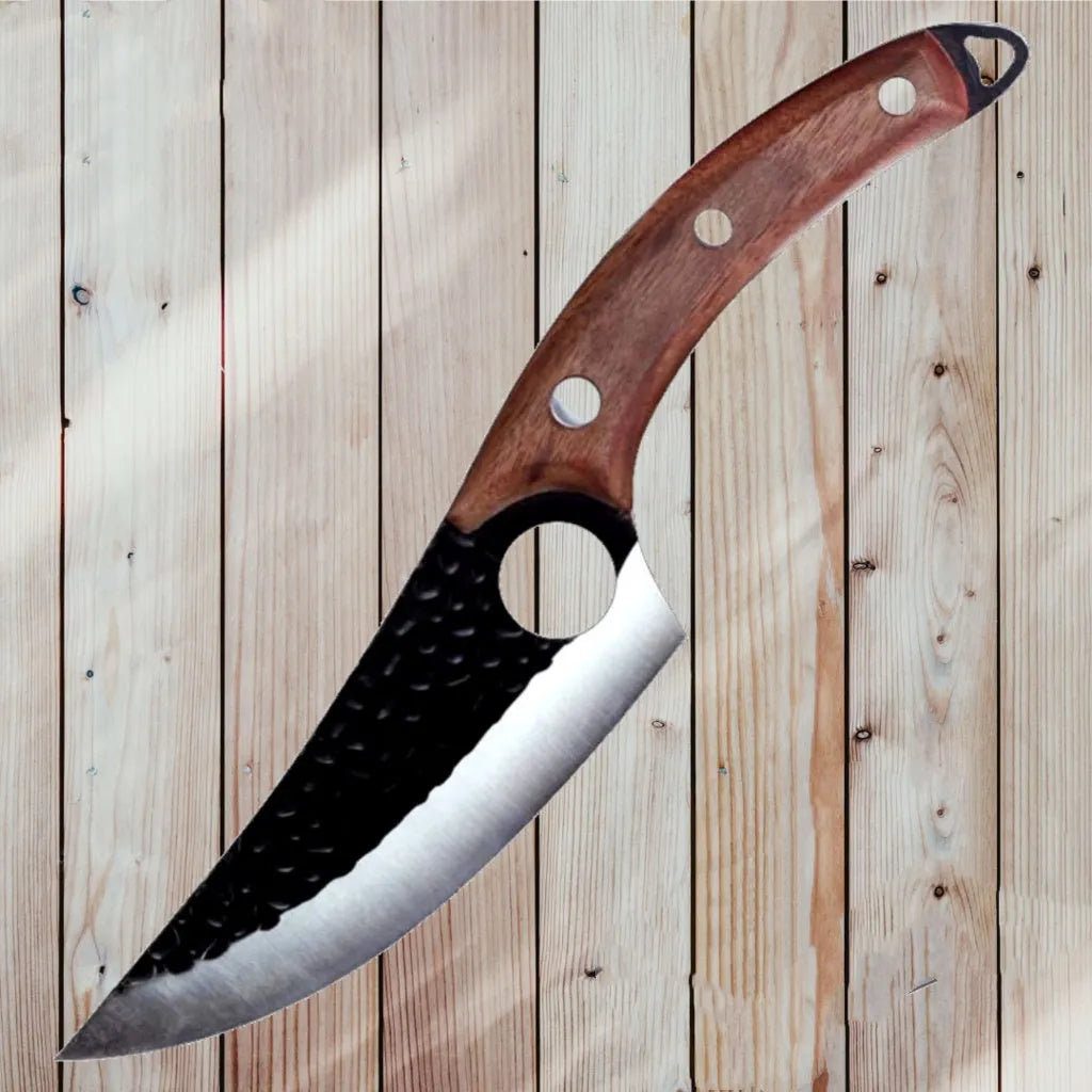 Butcher knife set with small curved scimitar and boning knife in leather sheath