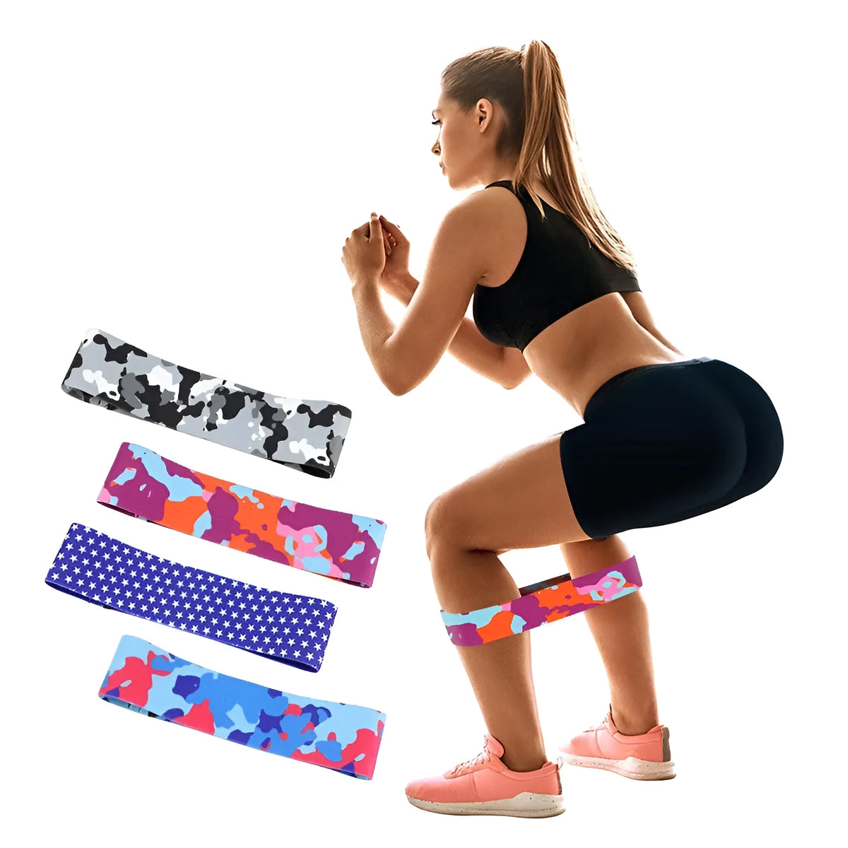 Anti-slip yoga resistance band hip belt in camouflage colours, sizes S 67x8cm, M 78x8cm and L 88x8cm