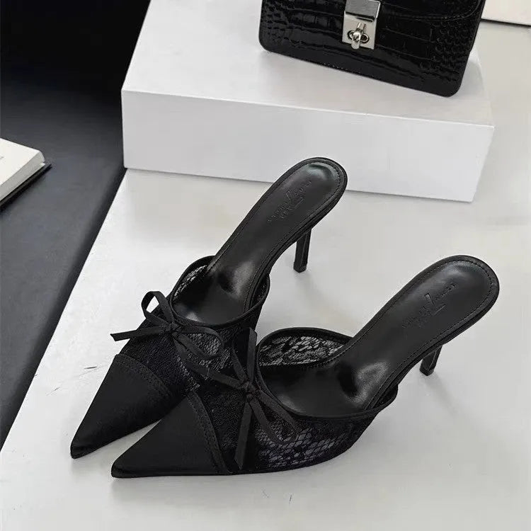 Women's lace pointed toe high heels with bowknot detail in light brown colour