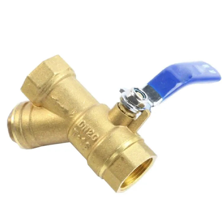 Brass Y-shaped filter ball valve with red handle and threaded ends.