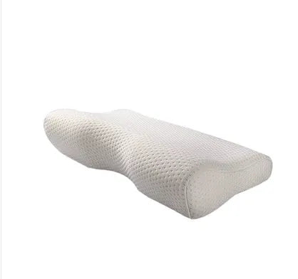 Blue butterfly-shaped memory foam cervical pillow showing contour design for neck support