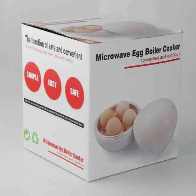 White microwave egg steamer cooker with lid for boiling up to four eggs.