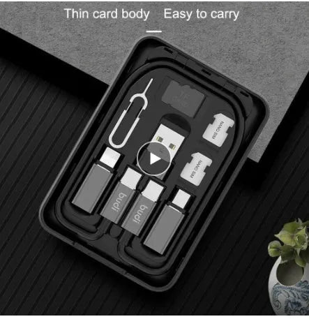 Black budi multi-functional power bank box with USB C cable, adapters, and SIM slots, 5000mAh capacity