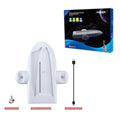 White PS5 Slim cooling pad with RGB ambient light ring and USB charging cable bracket.