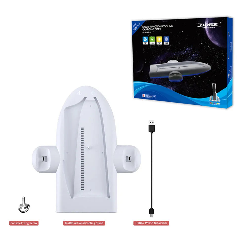 White PS5 Slim cooling pad with RGB ambient light ring and USB charging cable bracket.
