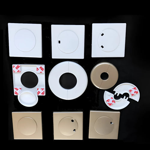 A white ABS plastic decorative ring sticker with 3M adhesive backing for covering wall holes.