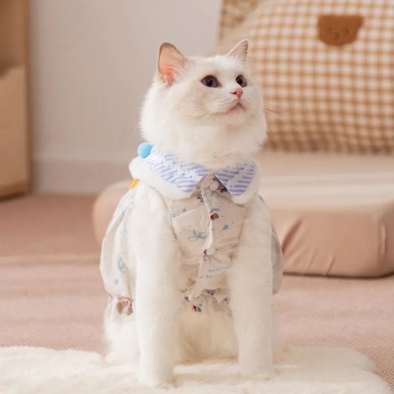 Autumn winter pet clothes for small dogs and cats, warm skirt with built-in D-ring belt in blue and red.