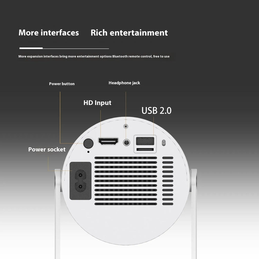 Portable home video projector with 180-degree stand, auto focus, 130-inch screen, and HY300 model in black.