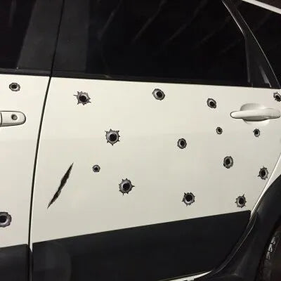 Car scratch simulation bullet hole crack vinyl sticker 21x30cm with four hole pattern styles on a car bumper