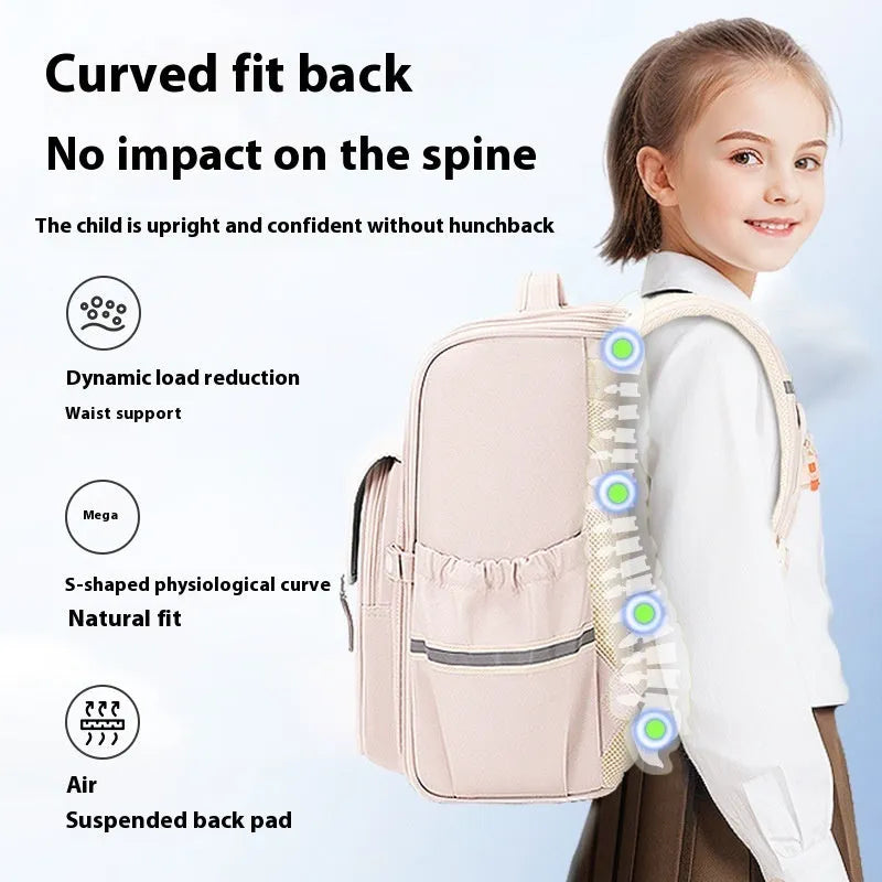 Large lightweight school backpack in Oxford cloth for year 5-6 pupils, shown in beige colour.