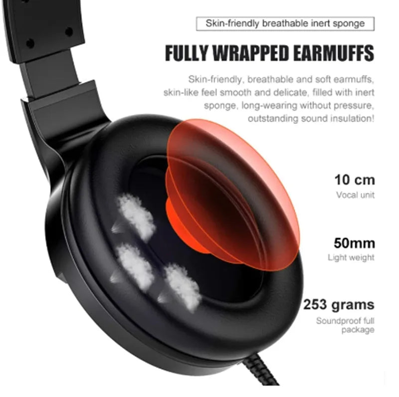Black wired gaming headset with microphone and line control sound card featuring 3.5mm plug