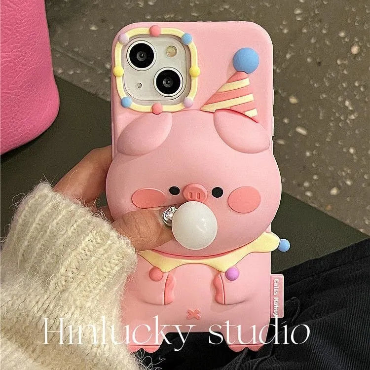 Press bubble blowing cartoon silicone phone case in bubble pig colour for iPhone, featuring three-dimensional relief design