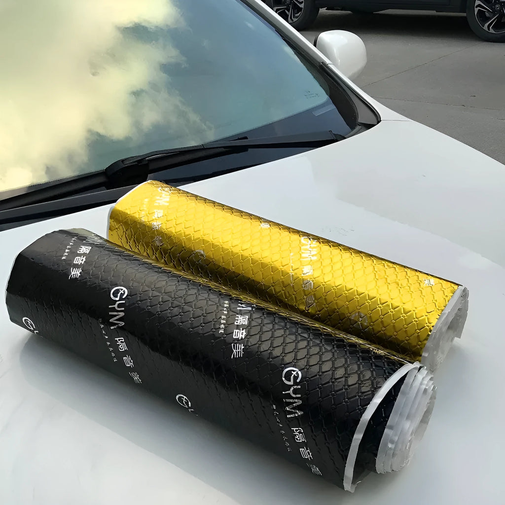 Car shock absorber soundproofing kit with butyl rubber, synthetic polymer, and soundproof cotton in black or yellow, 1.6m or 3.2m.