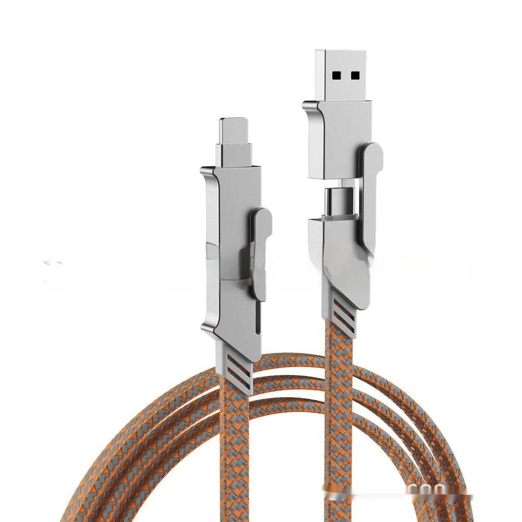 120W six-in-one fast charge data cable in black with zinc alloy connectors for PD27W charging on white background