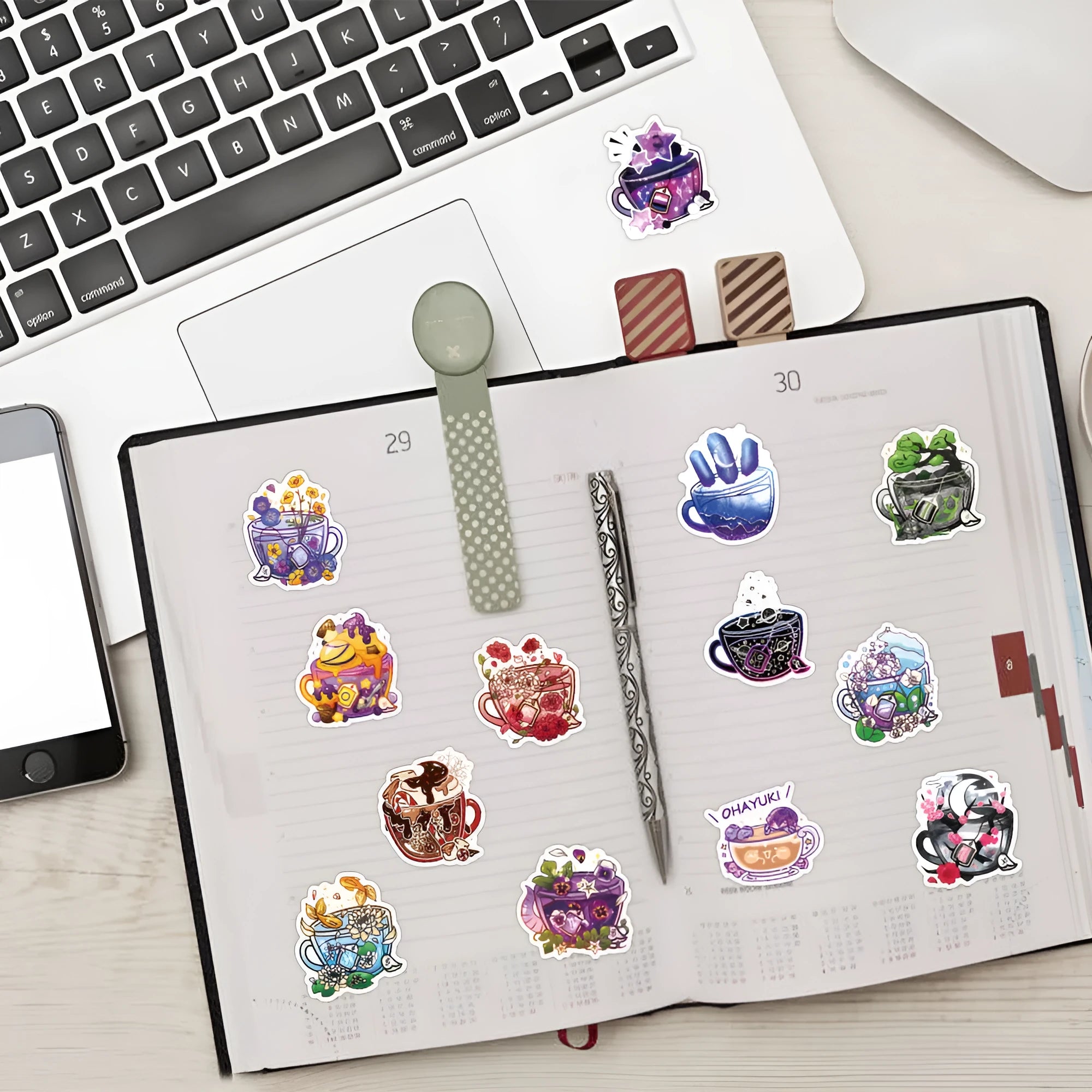 Pack of 50 colourful tea cup graffiti design waterproof stickers for DIY scooter and luggage customisation.