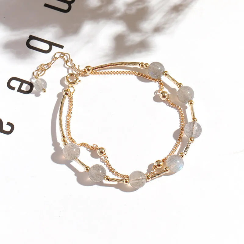 Double layer crystal bracelet with moonlight copper tube design and electroplated finish