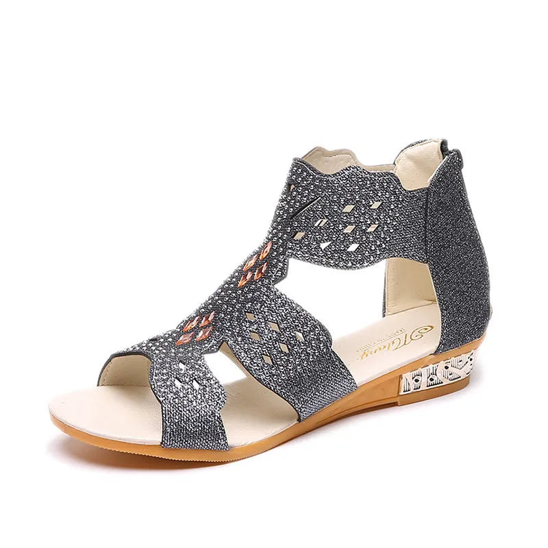 Women's flat casual sandals with rhinestone decoration and open toe fish mouth design