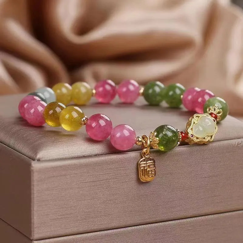 Women's bracelet with gourd blessing card design and colourful tourmaline electroplating finish