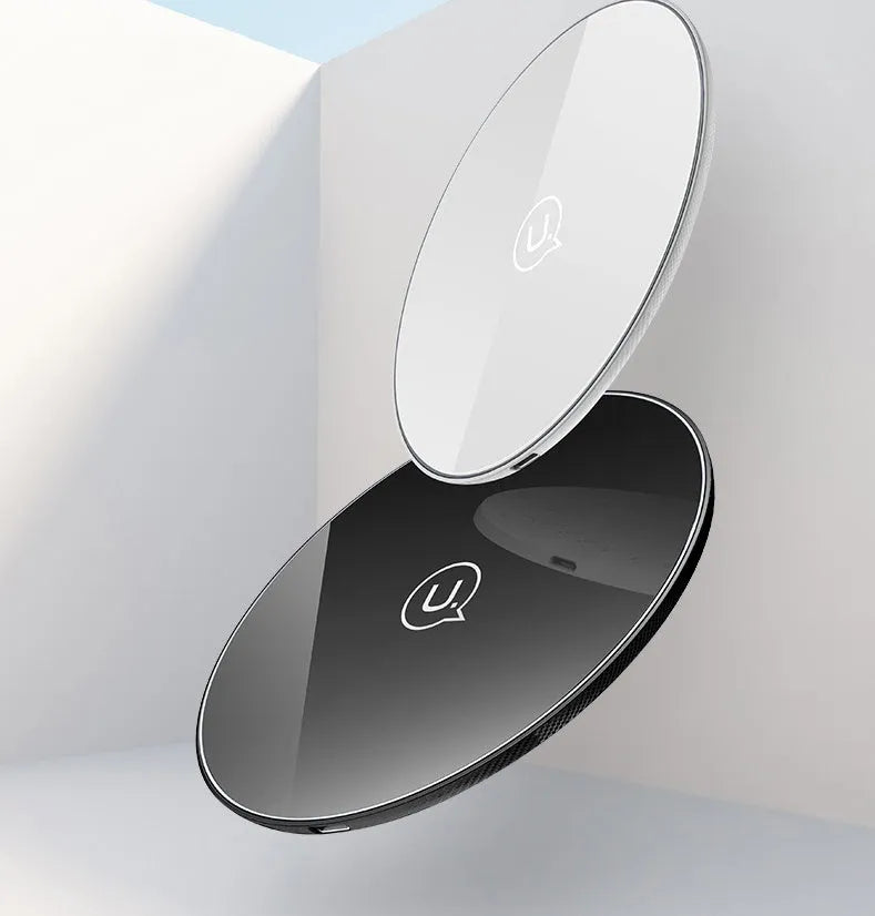 Glass disc wireless charger with LED indicator in black or white colour