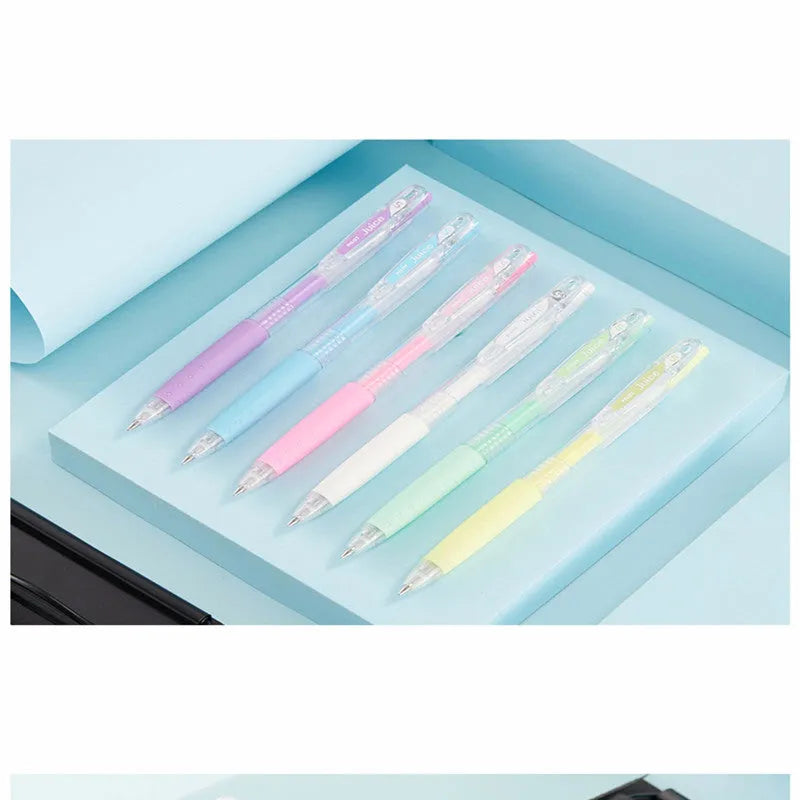 Baiguole brand gel pen with 0.5mm tip shown in metallic gold, classic blue, and soft pastel pink colour options