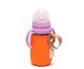 Blue USB-powered baby bottle warmer sleeve on a milk bottle showing USB cable.
