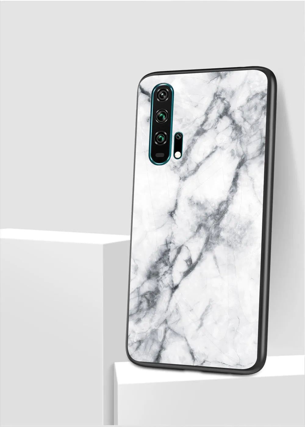 Honor 20 Pro in a black marble anti-fall phone case with tempered glass back and silicone edges.