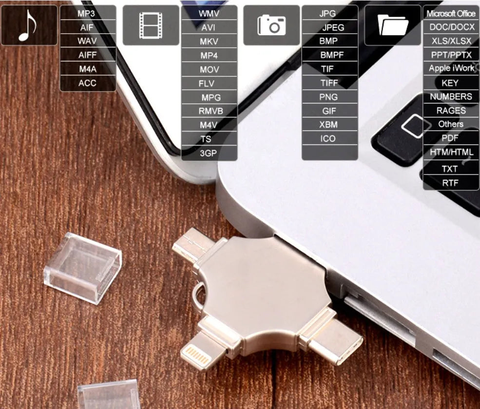 Silver metal 4-in-1 USB 3.0 flash drive with iOS, Micro USB, Type-C, and USB connectors for mobile phone and computer data transfer