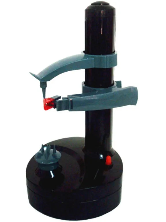 White electric fruit and vegetable peeler with stainless steel blade on a kitchen counter.