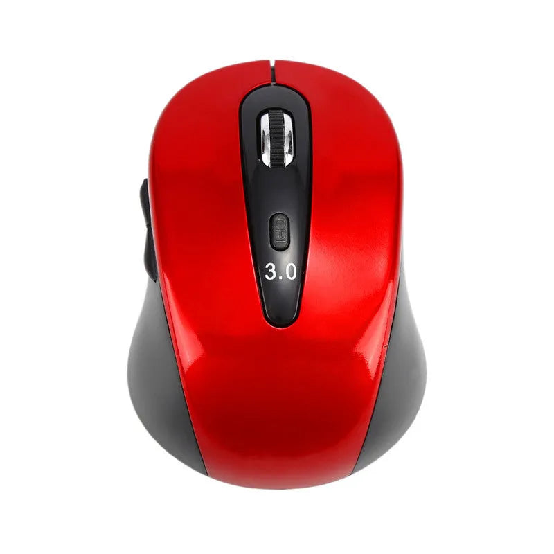 Wireless dual-mode mouse in black with ergonomic shape showing left and right buttons and scroll wheel