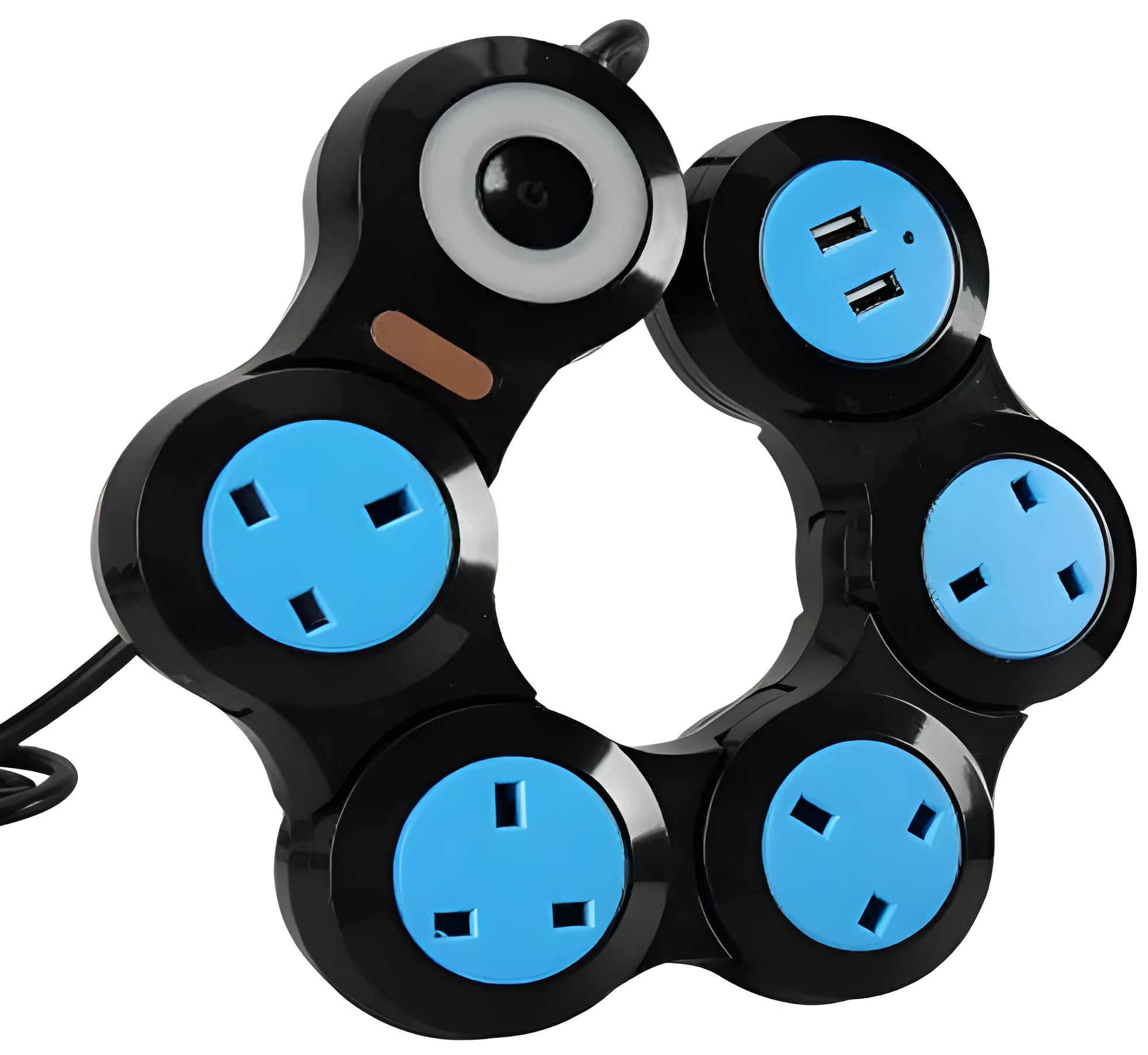 White UK power strip with five sockets, two USB ports, rotating design and 4m cable