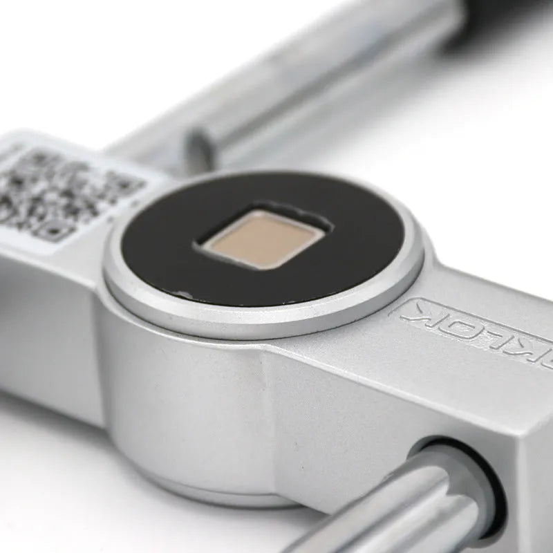 Smart U-shaped glass door lock in silver, ADC12 aluminium and stainless steel construction, with fingerprint sensor and rechargeable port.