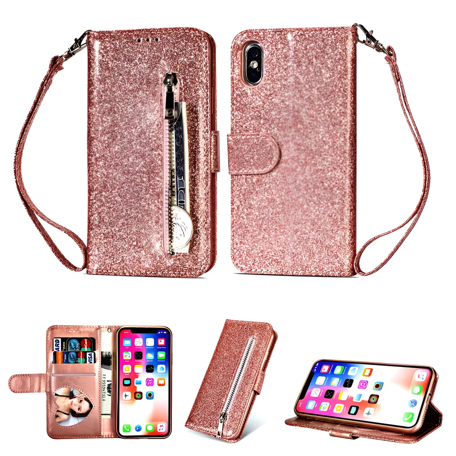 PU leather zipper wallet phone case for iPhone shown in multiple colour options.