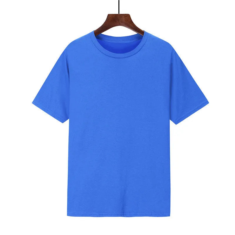 Men's loose fit short sleeve cotton T-shirt shown in multiple colour options on a size chart background.