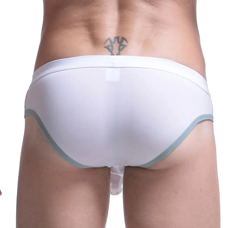 Men's Ice Silk bazooka briefs in multiple colours, showing mid-waist design and bullet separation feature.