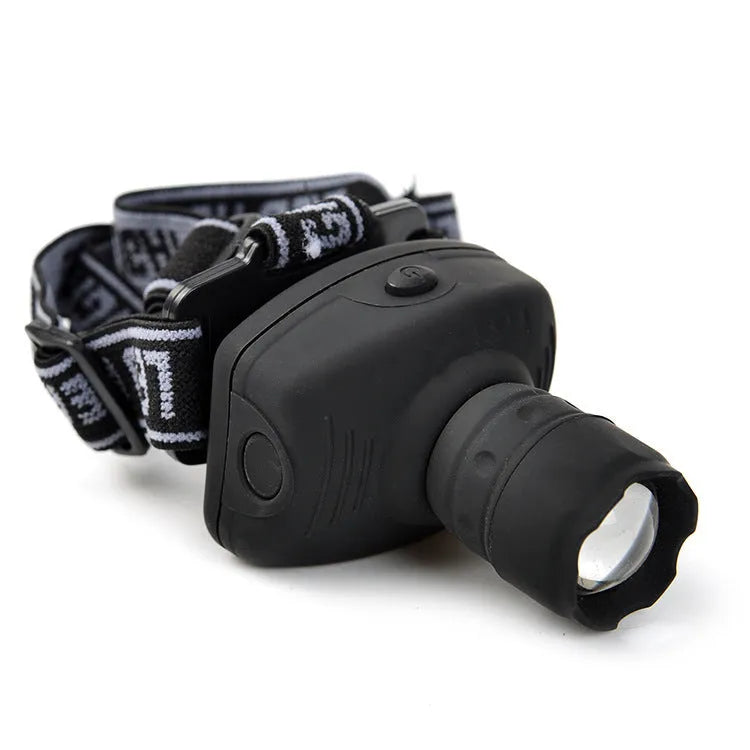 Outdoor 3W LED strong head light in black with adjustable telescopic lens and braided headband