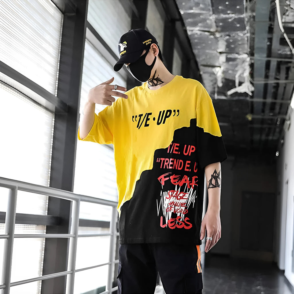 Short-sleeved polyester t-shirt in black and red, black and yellow or black and white, sizes M to XXL, bust 120-132cm
