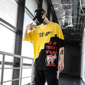 Short-sleeved polyester t-shirt in black and red, black and yellow or black and white, sizes M to XXL, bust 120-132cm